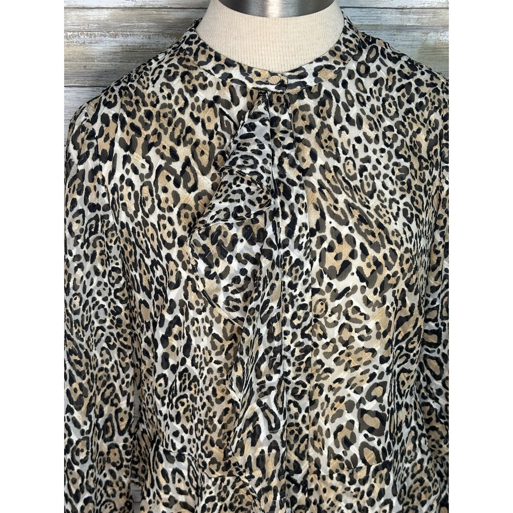 Chicos Small Leopard Print Ruffle Button Long Sleeve Sheer Top Women Size O - Picture 5 of 12